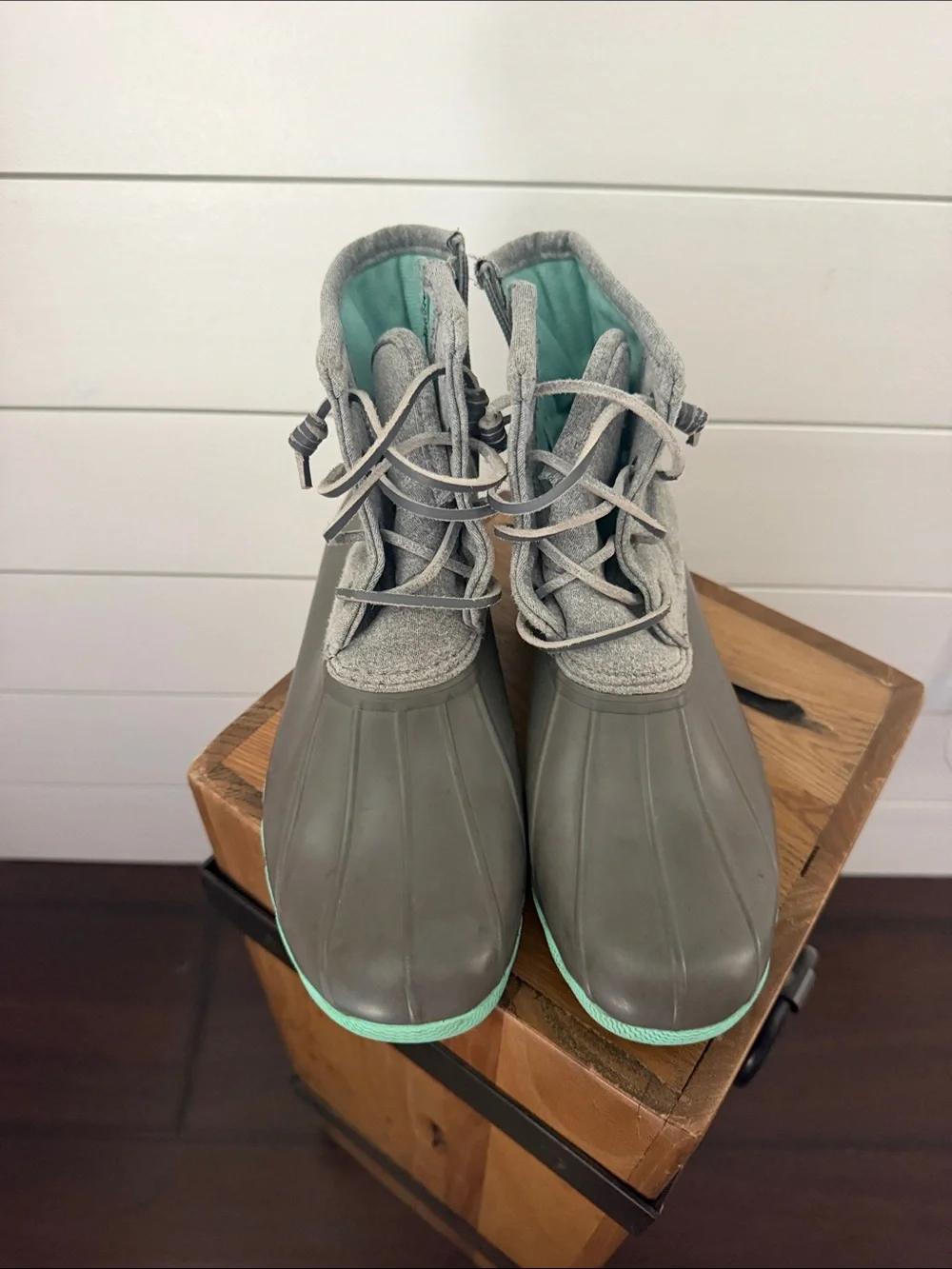 Sperry Gray and Mint Kids Duck Rain Boots